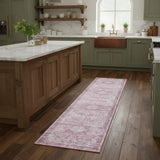 8' Pink Floral Power Loom Worn Faded Non Skid Runner Rug
