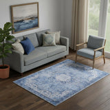 5' X 7' Blue Floral Power Loom Worn Faded Non Skid Area Rug