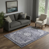 5' X 7' Gray Floral Power Loom Worn Faded Non Skid Area Rug
