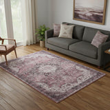 5' X 7' Red Floral Power Loom Worn Faded Non Skid Area Rug