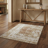 4' X 6' Rust and Ivory Floral Power Loom Worn Faded Area Rug