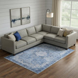 6' X 9' Blue Floral Power Loom Worn Faded Non Skid Area Rug