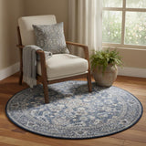5' Blue Floral Power Loom Worn Faded Round Rug