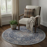 5' Blue Floral Power Loom Worn Faded Round Rug