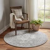5' Gray Floral Power Loom Worn Faded Round Rug