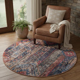 5' Red Geometric Power Loom Worn Faded Round Rug