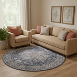 8' Blue Floral Power Loom Worn Faded Round Rug