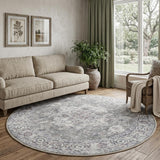8' Gray Floral Power Loom Worn Faded Round Rug