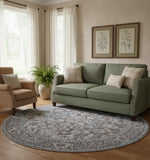 8' Green Floral Power Loom Worn Faded Round Rug
