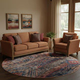 8' Red Geometric Power Loom Worn Faded Round Rug