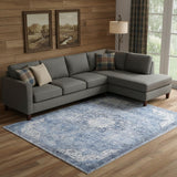 8' X 10' Blue Floral Power Loom Worn Faded Non Skid Area Rug