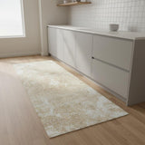 8' Ivory Floral Power Loom Worn Faded Runner Rug