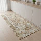 8' Brown Floral Power Loom Worn Faded Runner Rug
