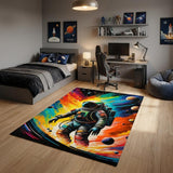 4' X 5' Black Blue And Orange Spaceman Youthful Washable Area Rug