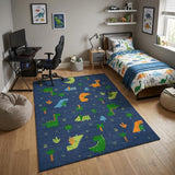 4' X 5' Blue Orange And Green Dinosaurs Youthful Washable Area Rug