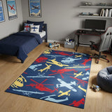 4' X 5' Blue Yellow And Red Helicopter Youthful Washable Round Rug