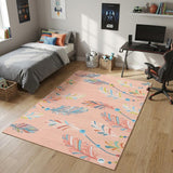4' X 5' Coral And Aqua Feathers Youthful Washable Area Rug