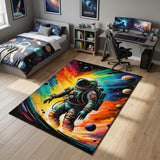 4' X 6' Black Blue And Orange Spaceman Youthful Washable Area Rug