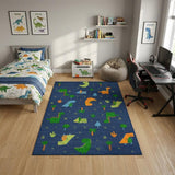 4' X 6' Blue Orange And Green Dinosaurs Youthful Washable Area Rug