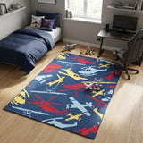 4' X 6' Blue And Yellow Helicopter Youthful Washable Area Rug