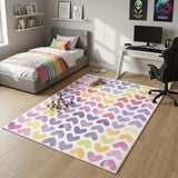 4' X 6' Ivory Pink And Purple Hearts Youthful Washable Area Rug