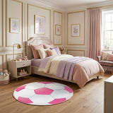 5' Pink And White Soccer Youthful Washable Round Rug