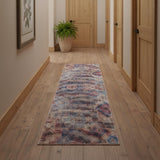12' Red Geometric Power Loom Worn Faded Runner Rug