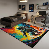 5' X 7' Black Blue And Orange Spaceman Youthful Washable Area Rug