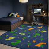 5' X 7' Blue Orange And Green Dinosaurs Youthful Washable Area Rug