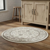 4' Ivory Brown And Gray Floral Distressed Round Rug