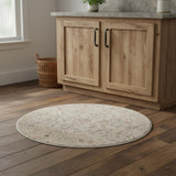 4' Light Gray Black And Yellow Floral Distressed Round Rug