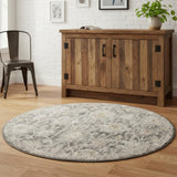 4' Gray Ivory And Black Floral Distressed Round Rug