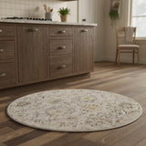 4' Gray Ivory And Yellow Floral Distressed Round Rug