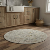 4' Black Mint Green And Ivory Floral Distressed Round Rug