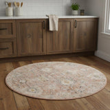 4' Rust Green And Black Floral Distressed Round Rug