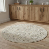 4' Cream Black And Yellow Floral Distressed Round Rug