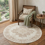 4' Ivory Floral Power Loom Worn Faded Round Rug