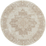 4' Ivory Floral Power Loom Worn Faded Round Rug