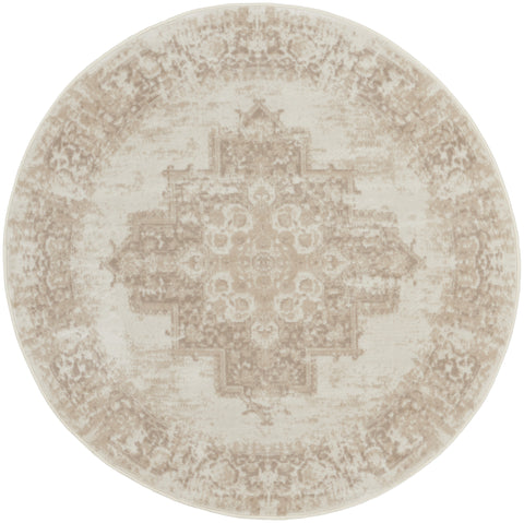 4' Ivory Floral Power Loom Worn Faded Round Rug
