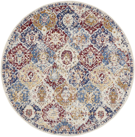 4' Ivory Red and Blue Ogee Distressed Round Rug