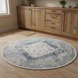 4' Charcoal Blue And Ivory Oriental Distressed Round Rug