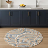 4' Ivory Blue And Brown Abstract Round Rug