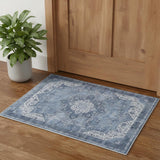3' X 5' Blue And Ivory Floral Distressed Area Rug