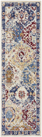 6' Ivory Red and Blue Ogee Distressed Runner Rug