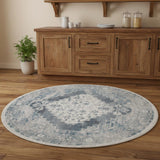 5' Charcoal Blue And Ivory Oriental Distressed Round Rug