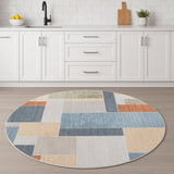 5' Blue Brown And Tan Geometric Round Rug