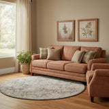 8' Gray Ivory And Black Floral Distressed Round Rug