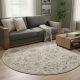 8' Gray Ivory And Yellow Floral Distressed Round Rug