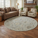 8' Black Mint Green And Ivory Floral Distressed Round Rug