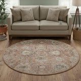 8' Rust Green And Black Floral Distressed Round Rug